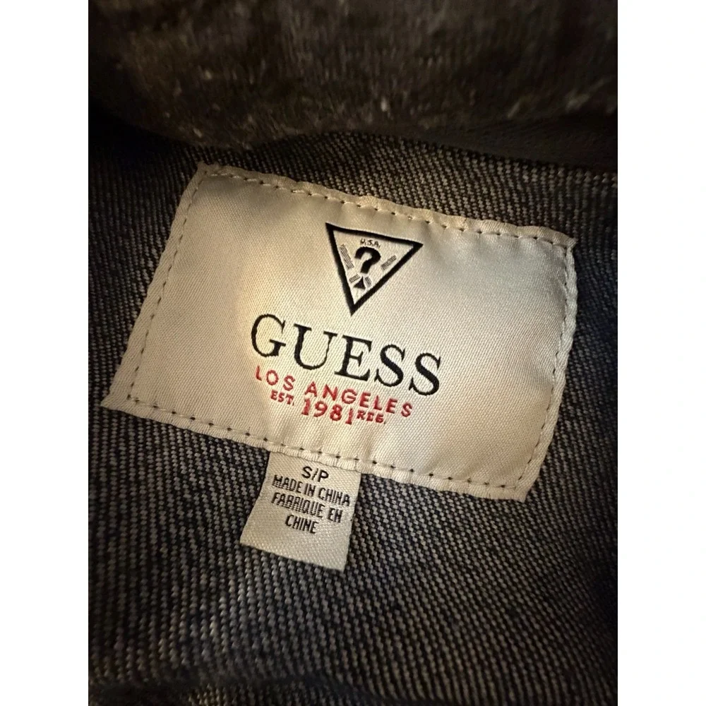 GUESS Jean Jacket Sz S/XS Denim Knit Sleeves Hood Hoodie Y2K Trucker Moto Y2K